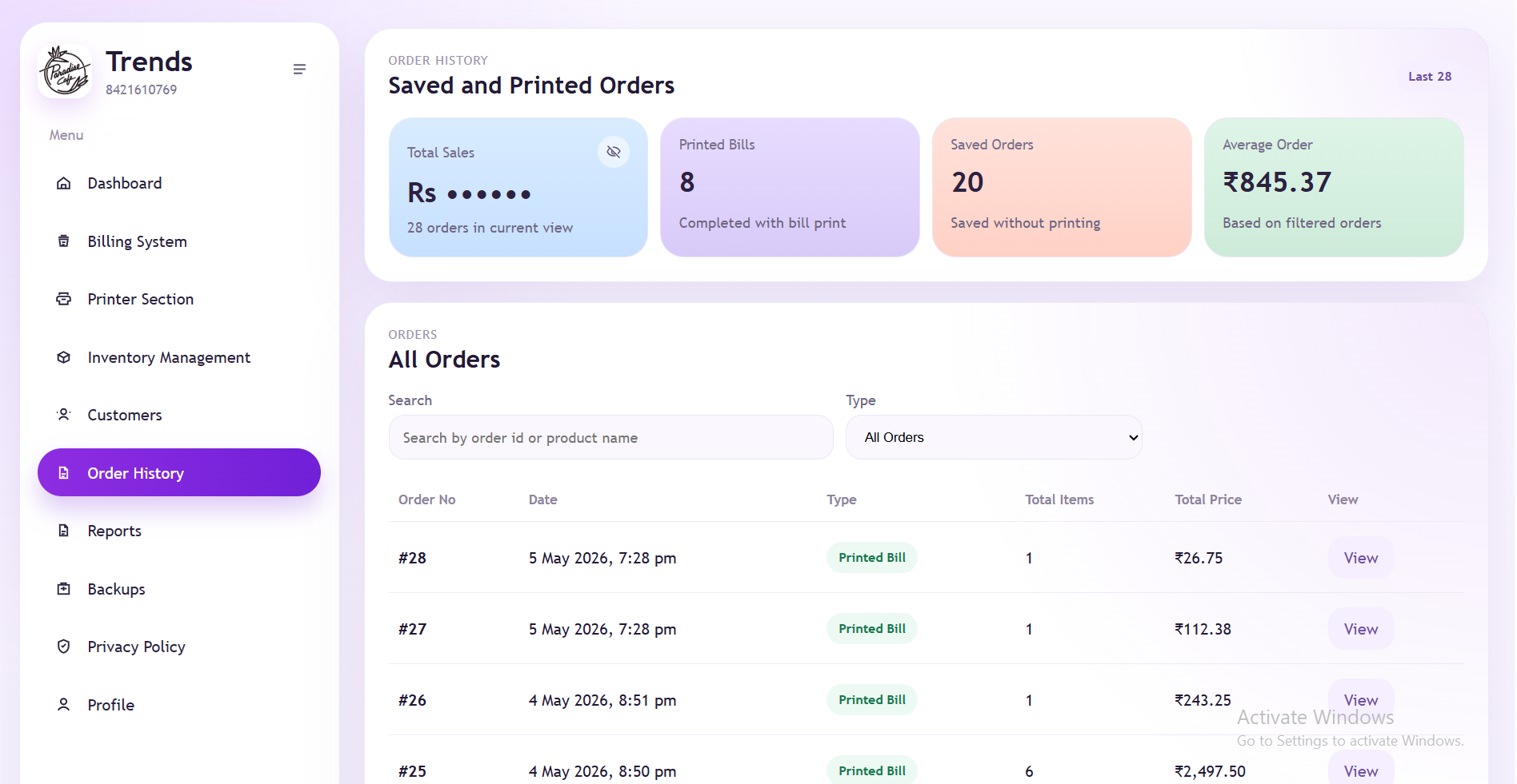 Order history screen with printed and saved orders