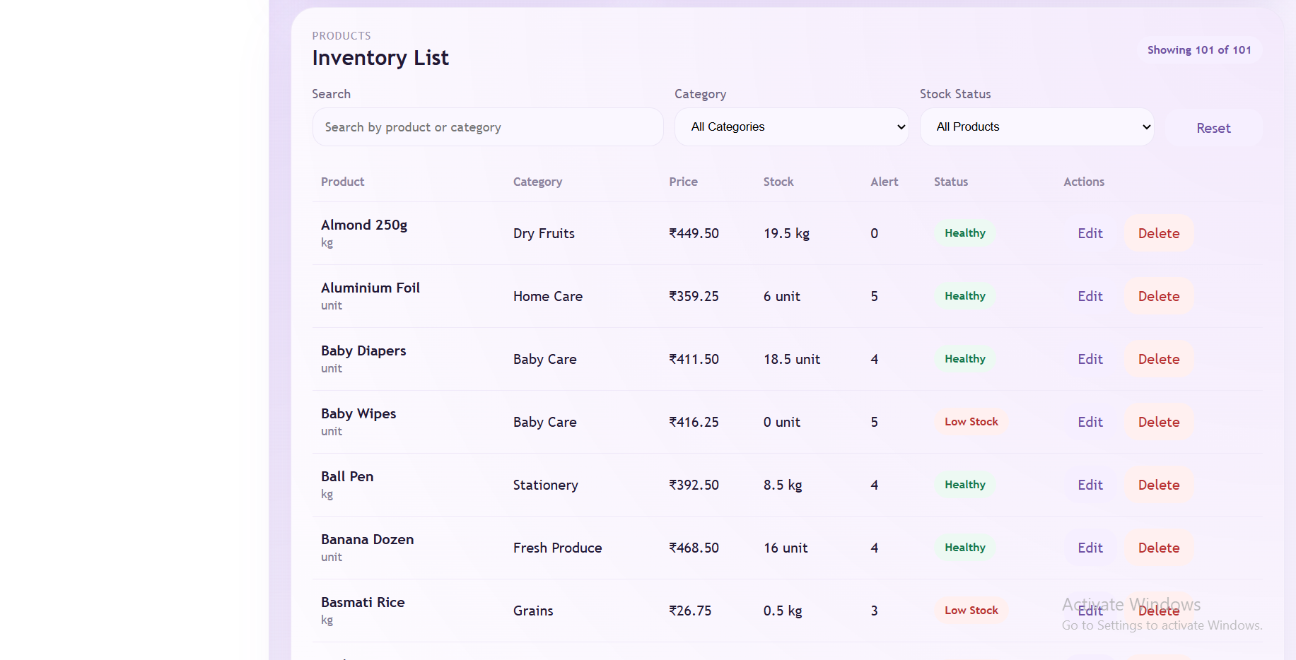 Inventory list with stock status and product actions