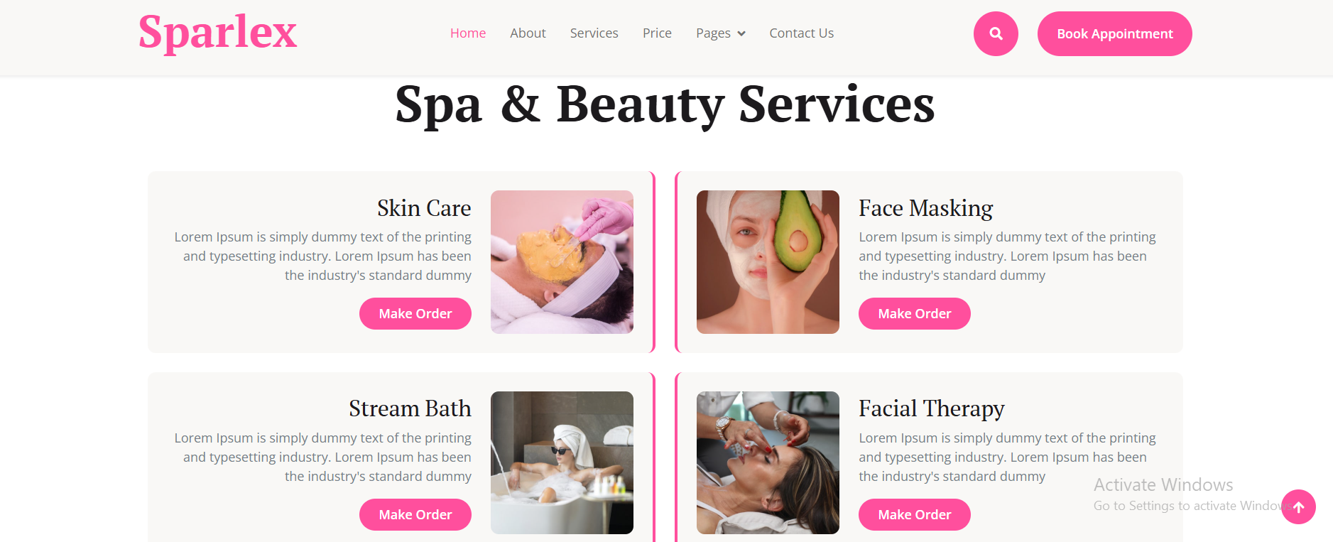 Spa website service showcase with pricing and descriptions