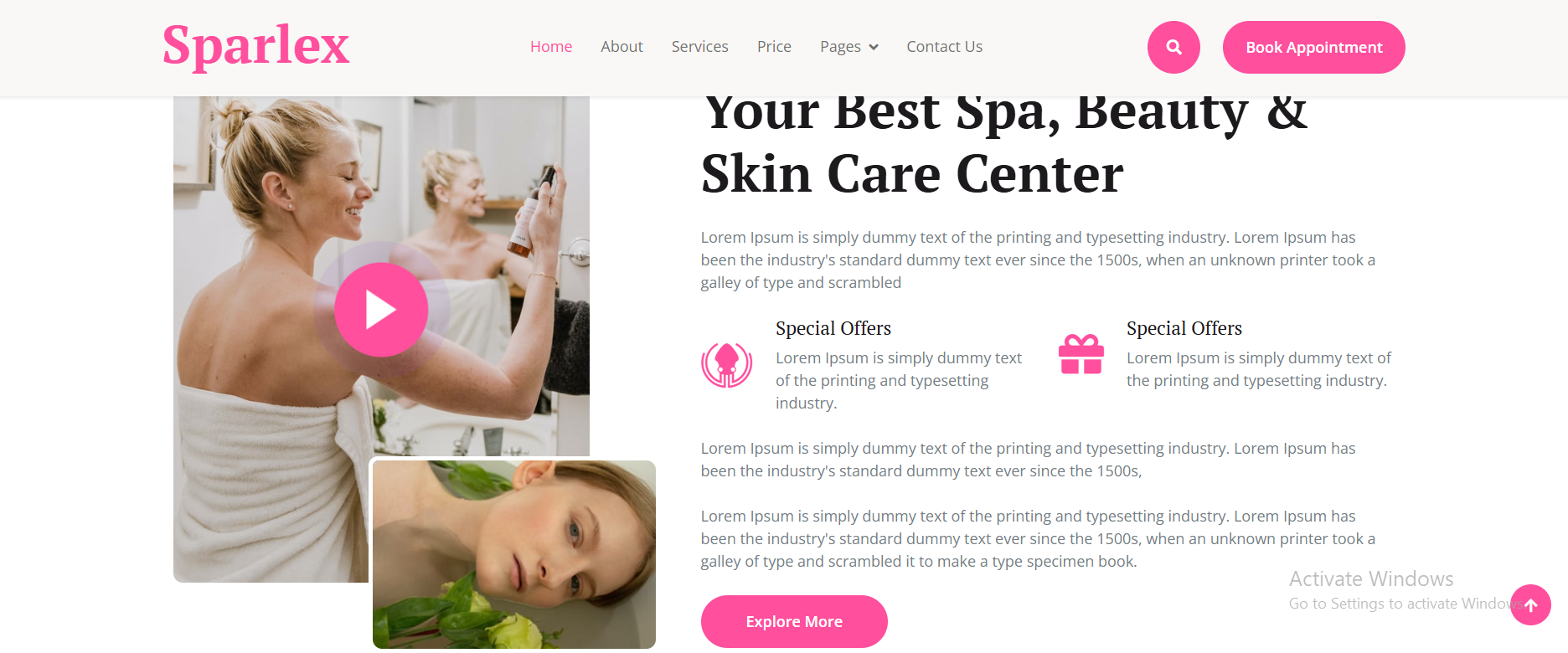 Spa website customer testimonials and contact information