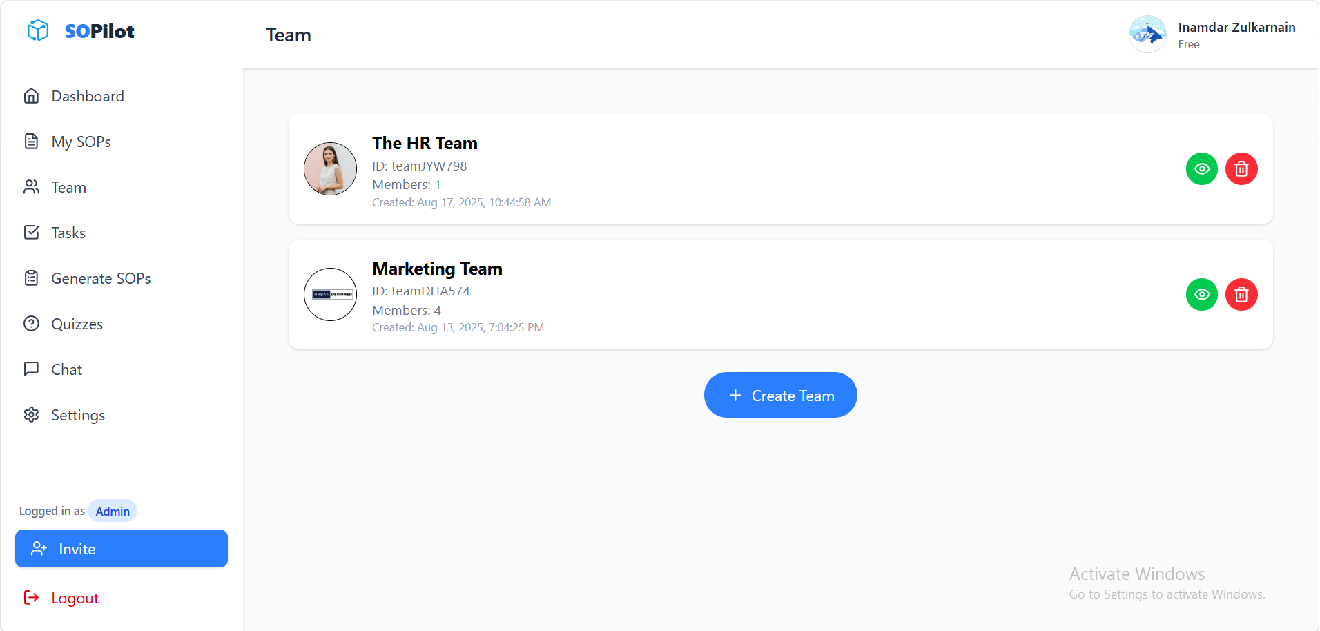 SOP Generate AI trainer dashboard and management interface